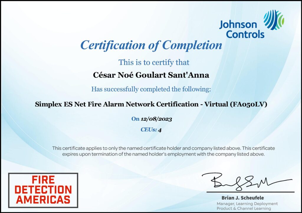 Certificado em redes Simplex ES de alarme de incêndio